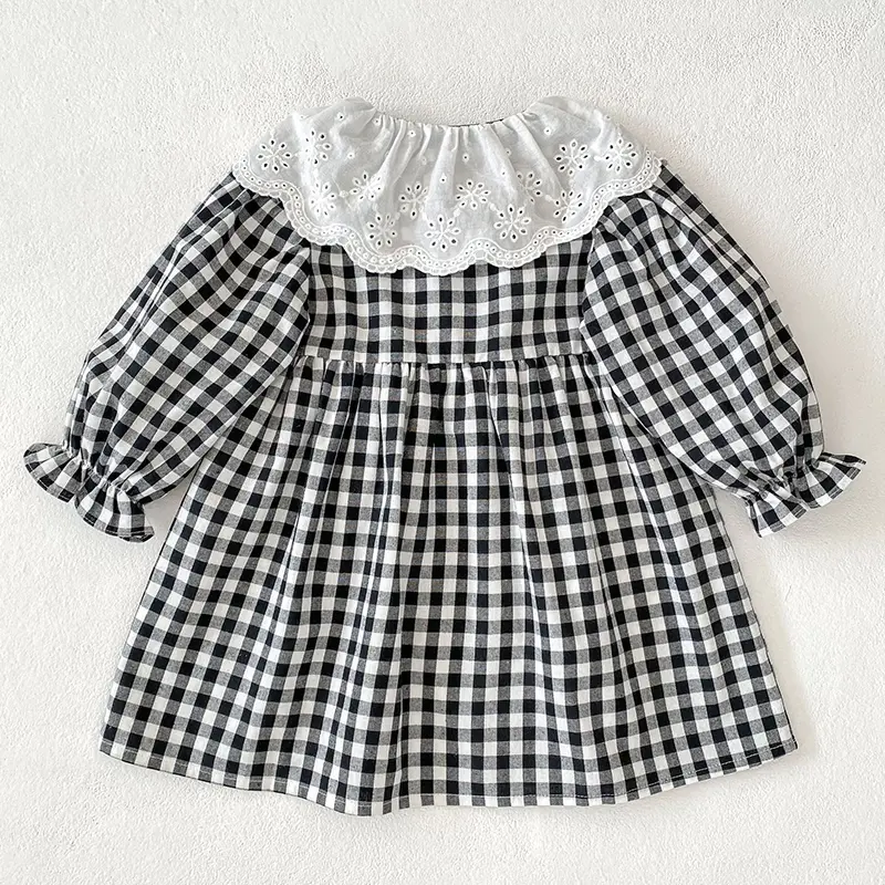 Autumn Children Girl Vintage Dress Spring Turn Down Collar 2-7Yrs Princess Dress Black White Grid Long Sleeve Baby Girls Dress