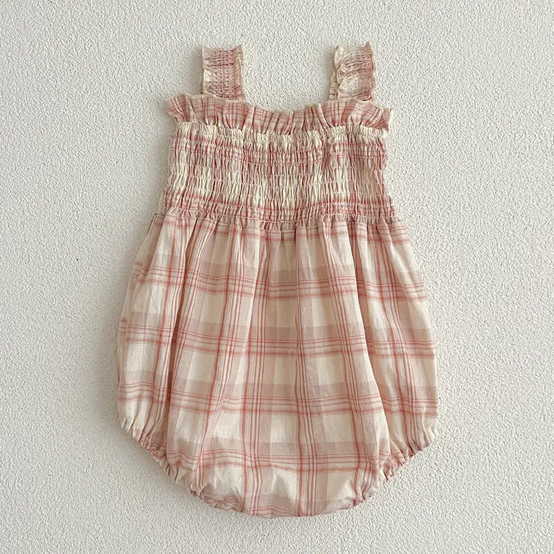 Girls Sister Dress Clothes Summer Sweet Newborn Baby Girls Pink Grid Jumpsuit Toddler Girls Short Sleeves Kids Princess Dress