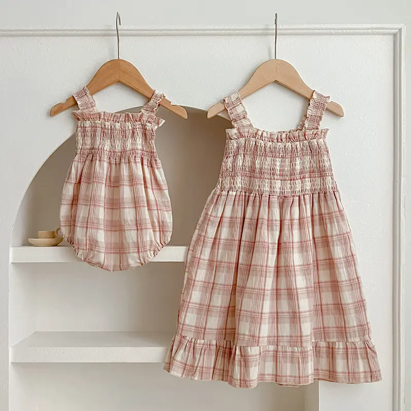Girls Sister Dress Clothes Summer Sweet Newborn Baby Girls Pink Grid Jumpsuit Toddler Girls Short Sleeves Kids Princess Dress