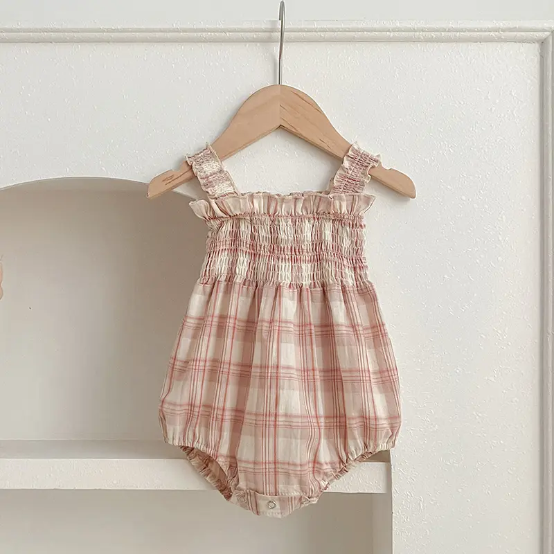 Girls Sister Dress Clothes Summer Sweet Newborn Baby Girls Pink Grid Jumpsuit Toddler Girls Short Sleeves Kids Princess Dress