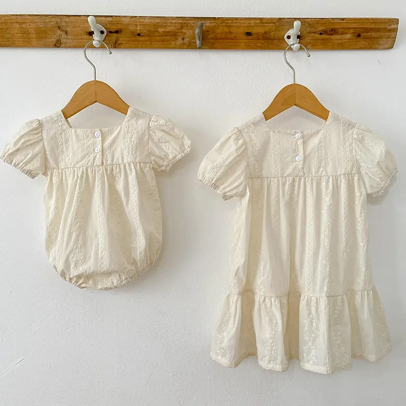 Summer Toddler Baby Girls Grid Embroidery Dresses Girl Baby Romper Infant Children Cotton Short Sleeve Girls One-piece Rompers