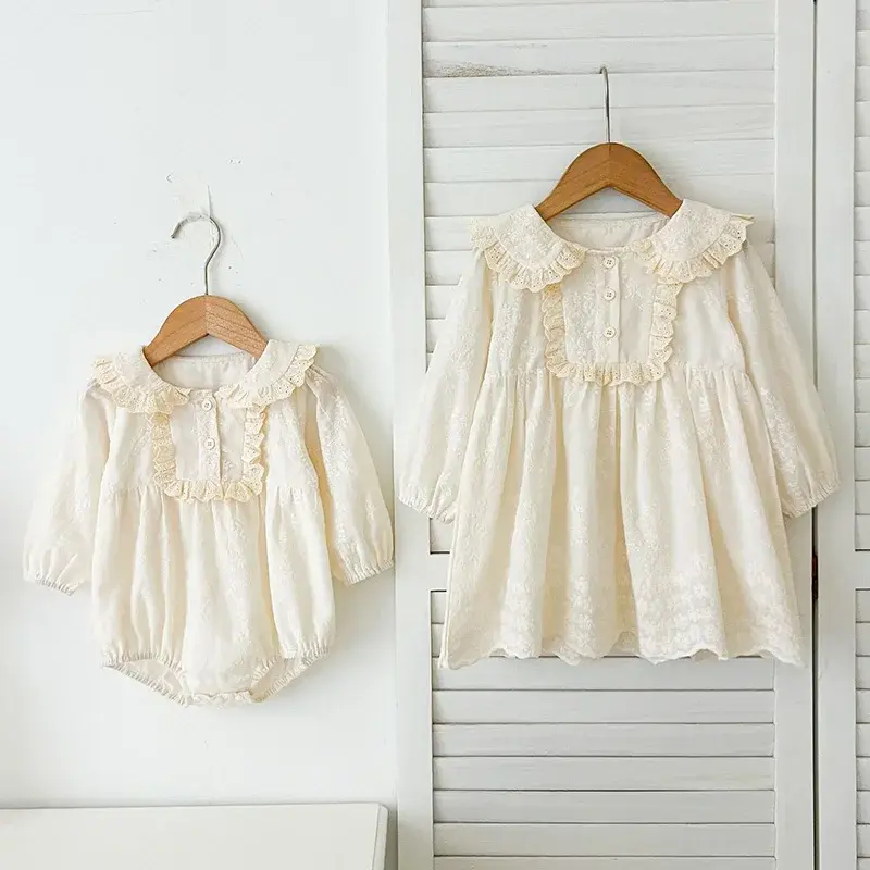 2025  Sister Baby Girl Clothing Spring Sister Clothes Kid Princess Dresses Baby Girls Romper Embroider Cotton Lace Princes Dress