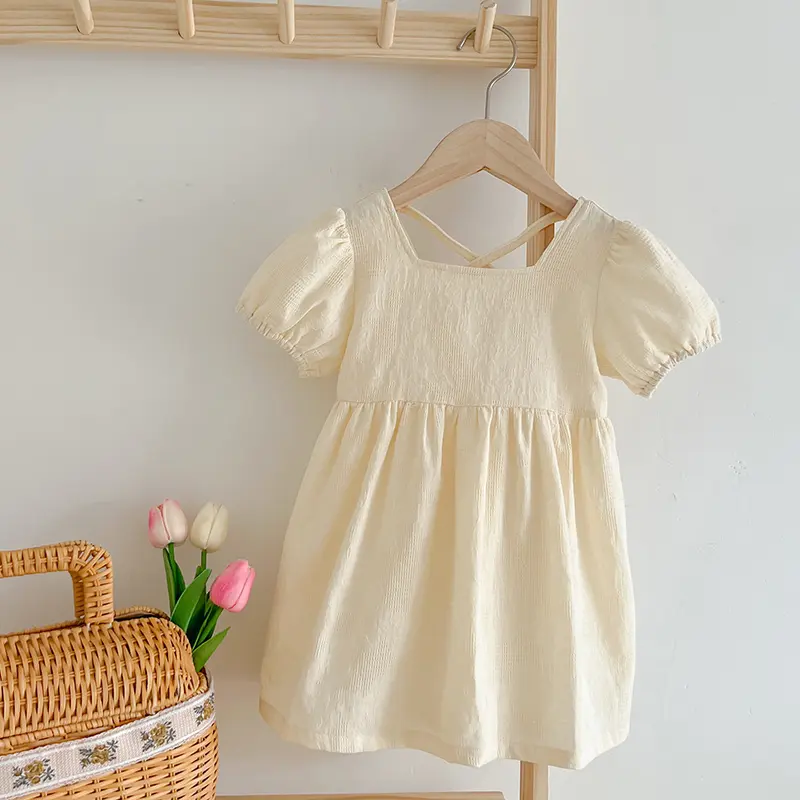 Girls Casual Dress Little Girls Fashion Birthday Gift Princess Dress Solid Color Kids Pure Cotton Puffy Sleeve Clothes Korean