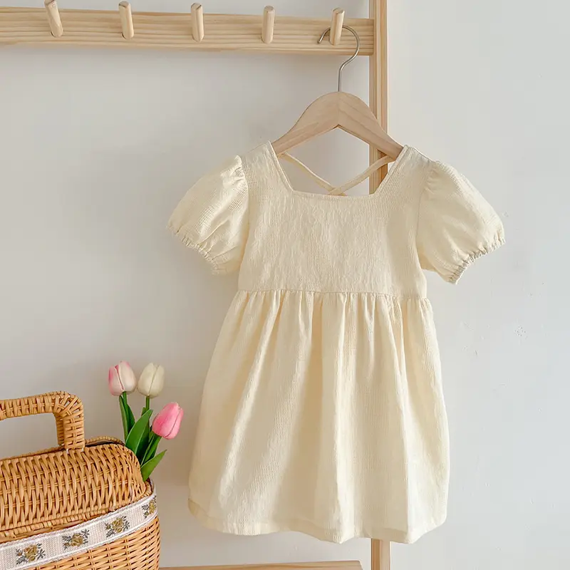 Girls Casual Dress Little Girls Fashion Birthday Gift Princess Dress Solid Color Kids Pure Cotton Puffy Sleeve Clothes Korean