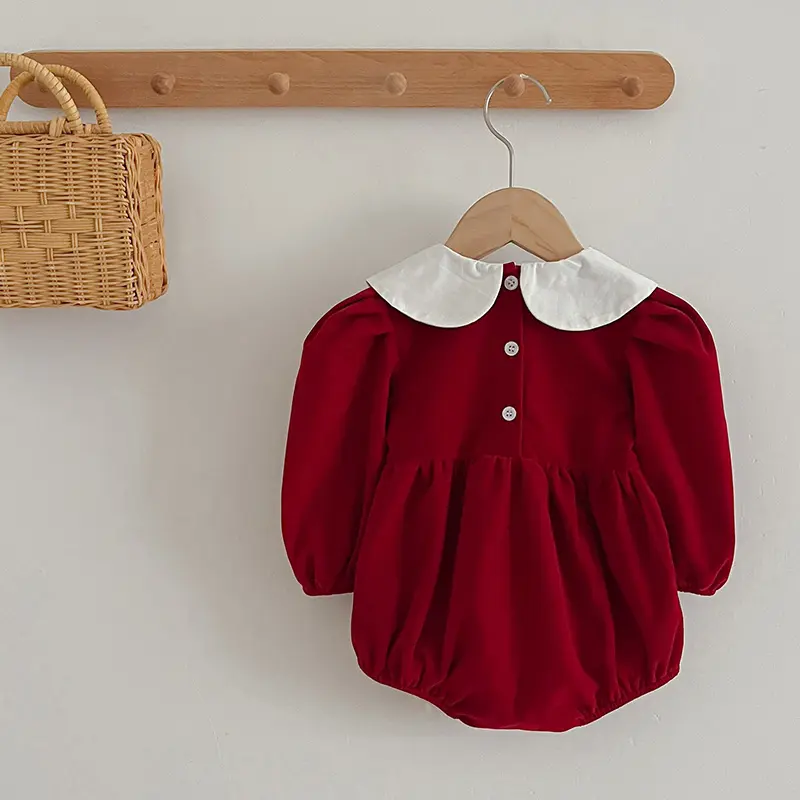 0-24M Christmas Infant Girls Corduroy Red Jumpsuit Newborn Baby Romper Embroidery Toddler New Year Cute Xmas Costumes Clothing ﻿