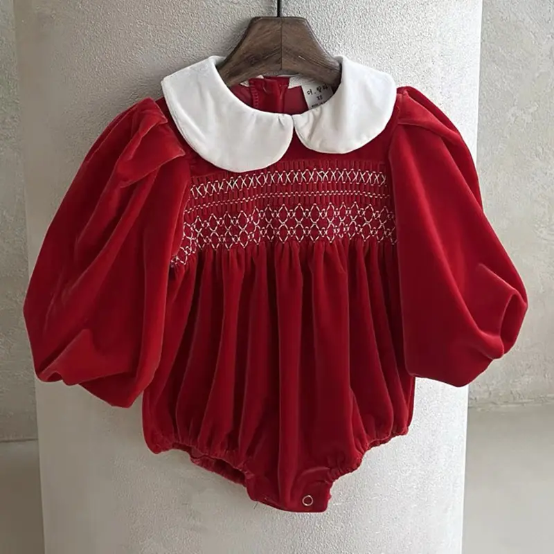 0-24M Christmas Infant Girls Corduroy Red Jumpsuit Newborn Baby Romper Embroidery Toddler New Year Cute Xmas Costumes Clothing ﻿