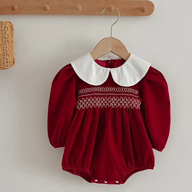 0-24M Christmas Infant Girls Corduroy Red Jumpsuit Newborn Baby Romper Embroidery Toddler New Year Cute Xmas Costumes Clothing ﻿