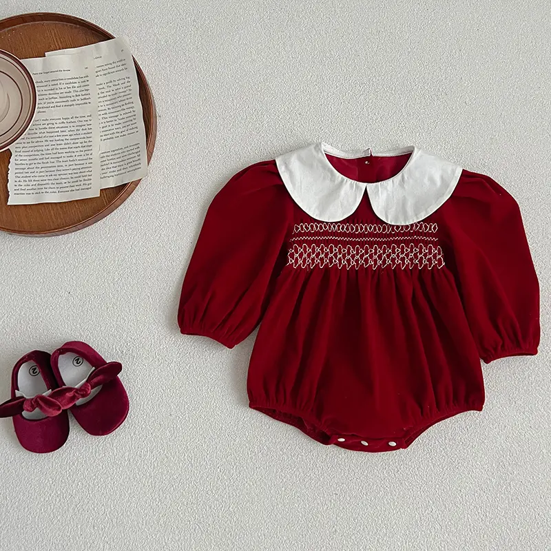 0-24M Christmas Infant Girls Corduroy Red Jumpsuit Newborn Baby Romper Embroidery Toddler New Year Cute Xmas Costumes Clothing ﻿