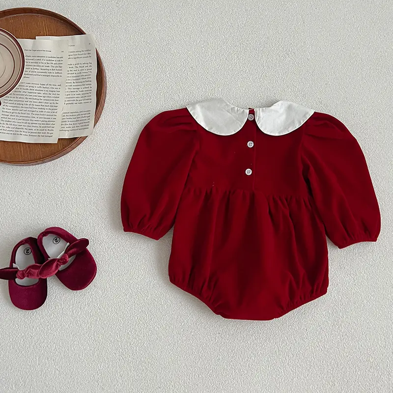 0-24M Christmas Infant Girls Corduroy Red Jumpsuit Newborn Baby Romper Embroidery Toddler New Year Cute Xmas Costumes Clothing ﻿