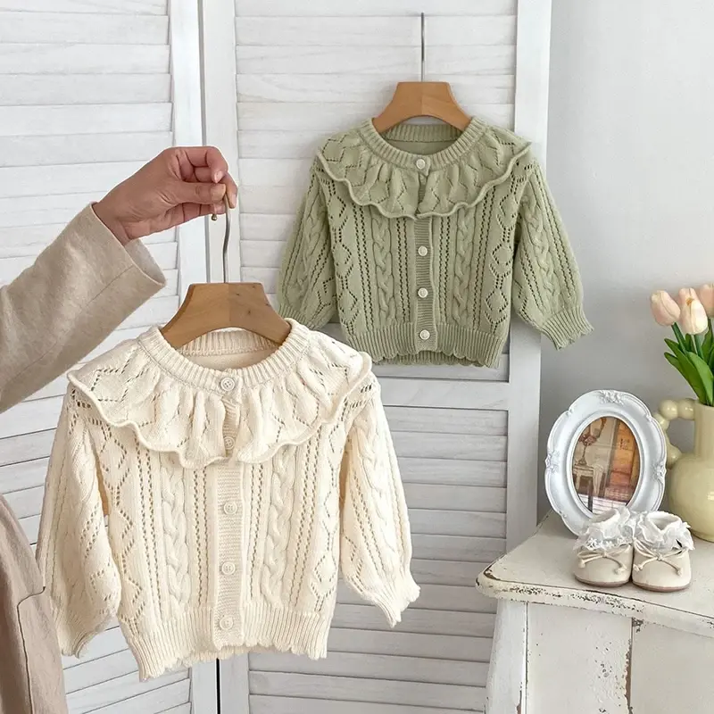 Autumn Knit Coat Baby Newborn Girls Sweater Cardigans Hollow Out Floral Ruffle Long Sleeve Girls Tops Coat Korea Girls Clothes