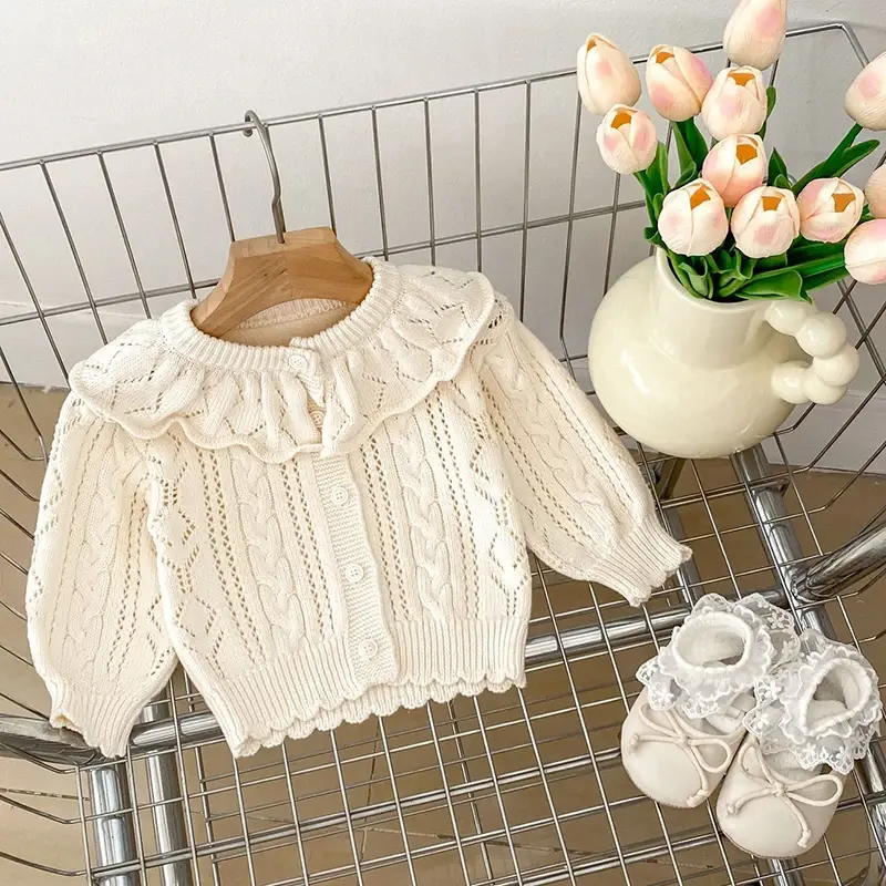 Autumn Knit Coat Baby Newborn Girls Sweater Cardigans Hollow Out Floral Ruffle Long Sleeve Girls Tops Coat Korea Girls Clothes