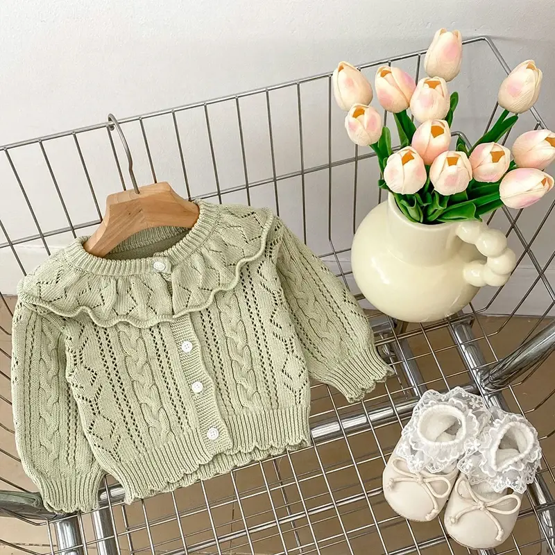 Autumn Knit Coat Baby Newborn Girls Sweater Cardigans Hollow Out Floral Ruffle Long Sleeve Girls Tops Coat Korea Girls Clothes