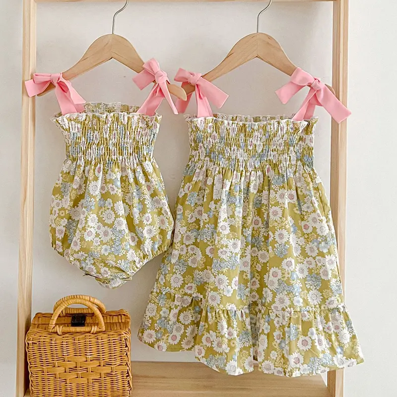 Summer Newborn Sweet Baby Girls Printing Jumpsuit Toddler Baby Girls Sleeveless Kids Princess Dress Girls Sister Clothes