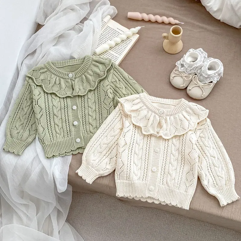 Autumn Knit Coat Baby Newborn Girls Sweater Cardigans Hollow Out Floral Ruffle Long Sleeve Girls Tops Coat Korea Girls Clothes