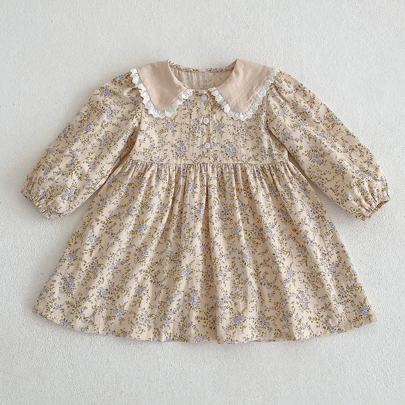 Sweet Kids Baby Girls Long Sleeve Flower Printing Princess Dress Autumn Baby Girls Doll Collar Dress Children Clothes Dress