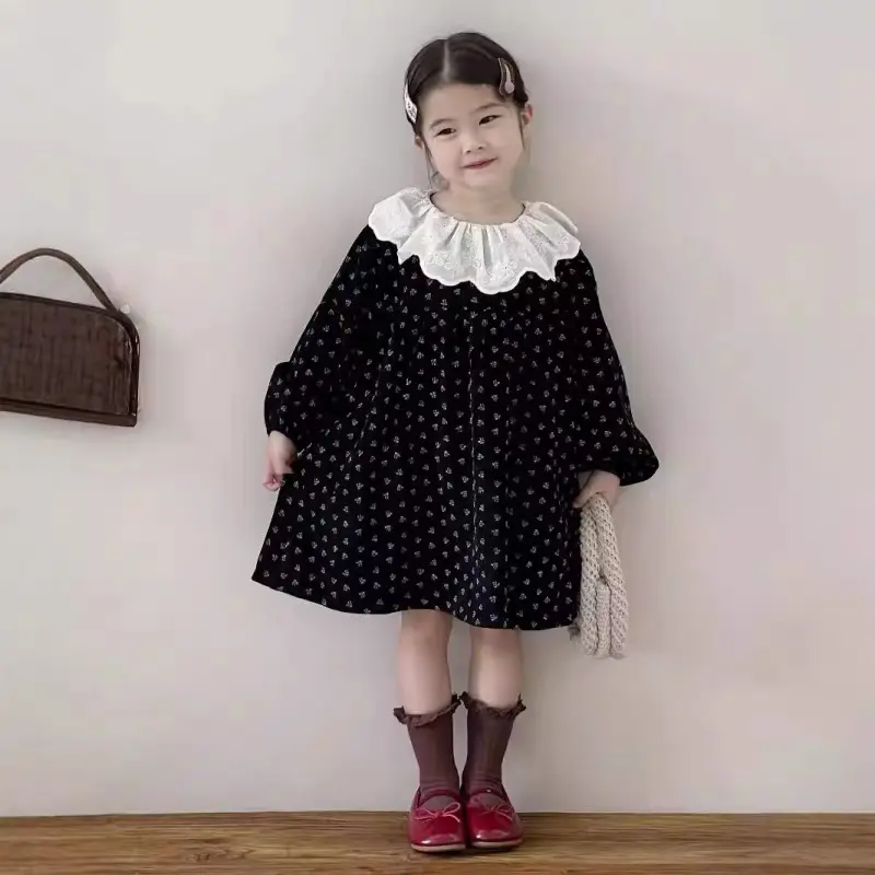 Autumn Kids Flower Dress Contrasting Lapel Style Girls Dress Spring Baby Kids Pure Cotton Long Sleeved Lace Sweet Princess Dress