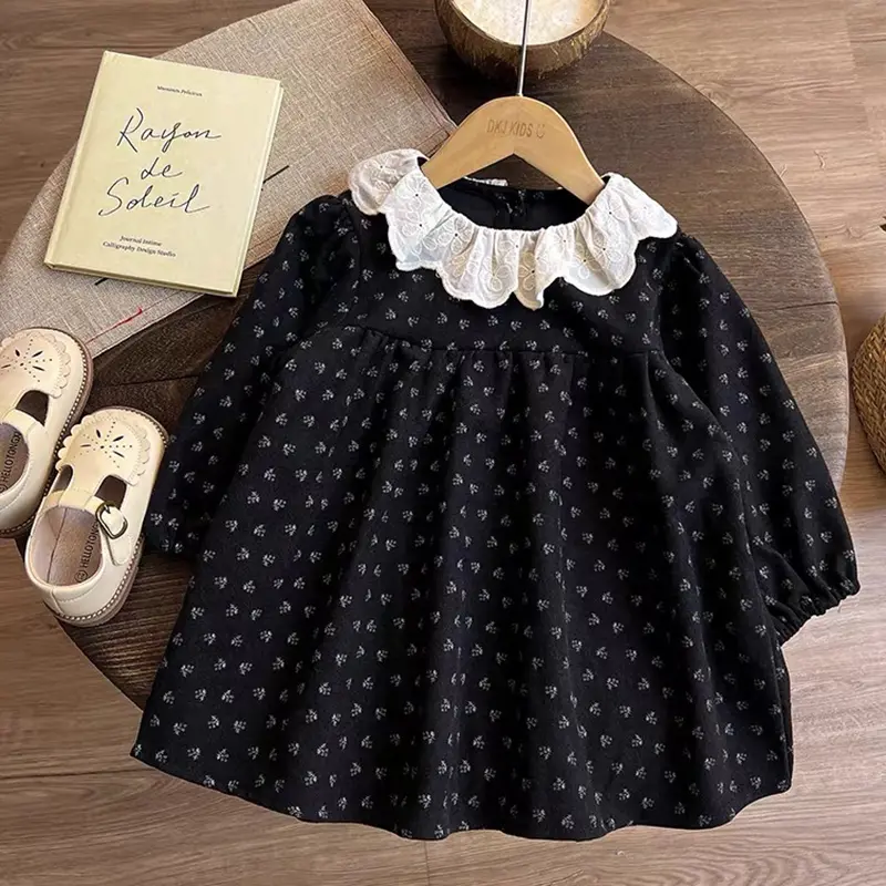 Autumn Kids Flower Dress Contrasting Lapel Style Girls Dress Spring Baby Kids Pure Cotton Long Sleeved Lace Sweet Princess Dress