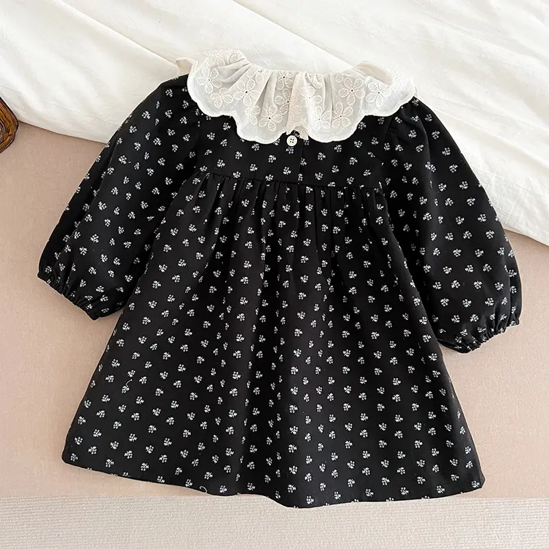 Autumn Kids Flower Dress Contrasting Lapel Style Girls Dress Spring Baby Kids Pure Cotton Long Sleeved Lace Sweet Princess Dress