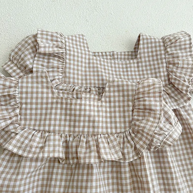 Summer Sweet Newborn Baby Girls Grid Jumpsuit Toddler Baby Girls Short Sleeves Kids Princess Dress Girls Sister Clothes