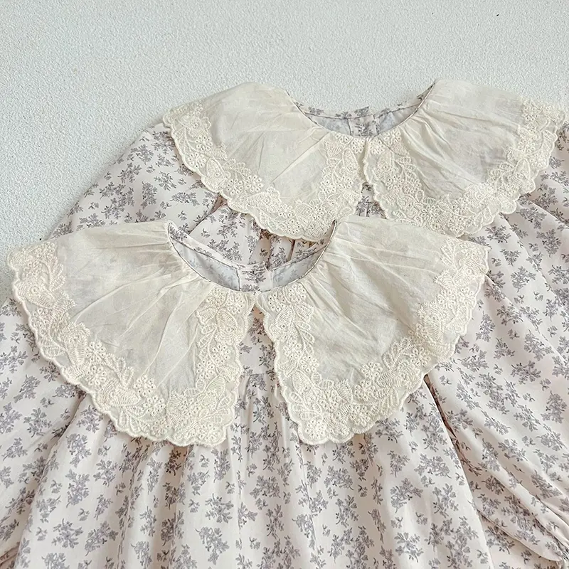 Infant Kids Baby Girls Long Sleeve Lace Collar Flower Print Sisters Dress Autumn Kids Baby Girls Princess Clothes Rompers