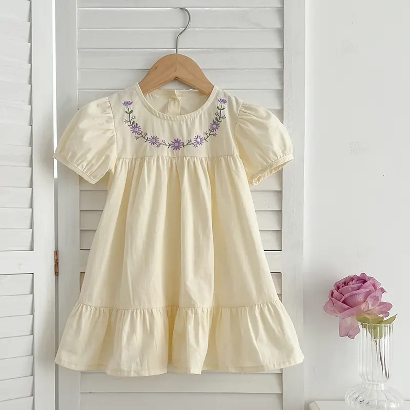 Girls Fashion Birthday Gift Princess Dress Girls Casual Embroidered Floral Dress Little Kids Pure Cotton Puffy Sleeve Clothes