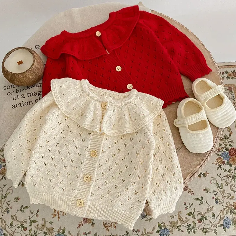 Autumn New Girls Cardigan Baby Garments Knitted Sweaters Ruffled Collar Baby Girls Cardigan Baby Coat Retro Long Sleeve Jacket