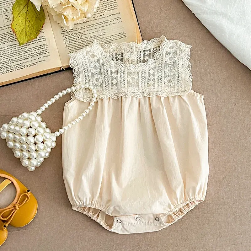 2025 Summer Baby Romper Lace flowers Children Clothes Climbing Suit Sleeveless Cotton Lace Splicing Infant Baby Girls Bodysuits