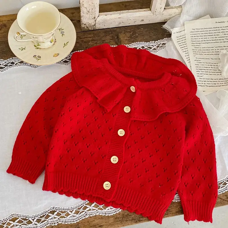 Autumn New Girls Cardigan Baby Garments Knitted Sweaters Ruffled Collar Baby Girls Cardigan Baby Coat Retro Long Sleeve Jacket