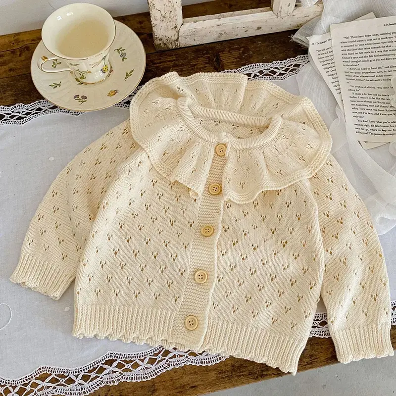Autumn New Girls Cardigan Baby Garments Knitted Sweaters Ruffled Collar Baby Girls Cardigan Baby Coat Retro Long Sleeve Jacket