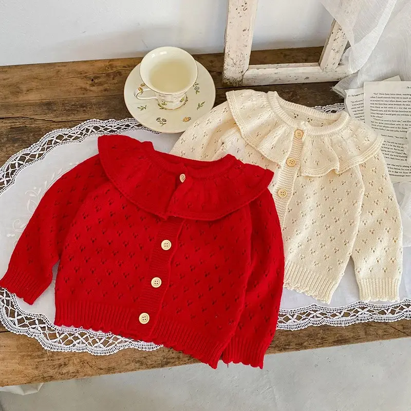 Autumn New Girls Cardigan Baby Garments Knitted Sweaters Ruffled Collar Baby Girls Cardigan Baby Coat Retro Long Sleeve Jacket