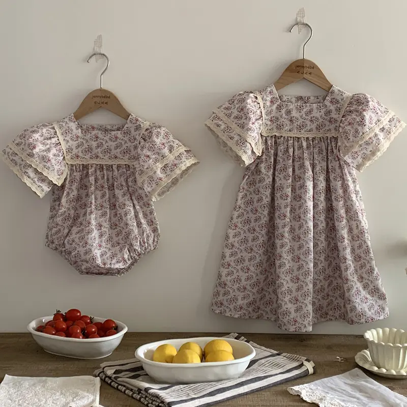 Girls Casual Princess Lace Floral Dress Little Girls Fashion Birthday Gift Princess Dress Kids Pure Cotton Puffy Sleeve Clothes