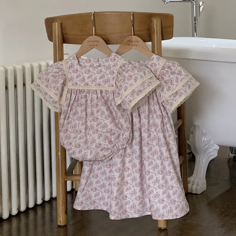 Girls Casual Princess Lace Floral Dress Little Girls Fashion Birthday Gift Princess Dress Kids Pure Cotton Puffy Sleeve Clothes