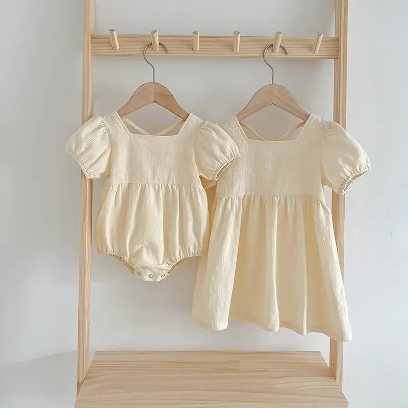 0-6Yrs Sister Matching Outfit  Baby Romper Princess Dresses Baby Girls Clothes Short Sleeved Beige Flower Embroidery Girl Dress