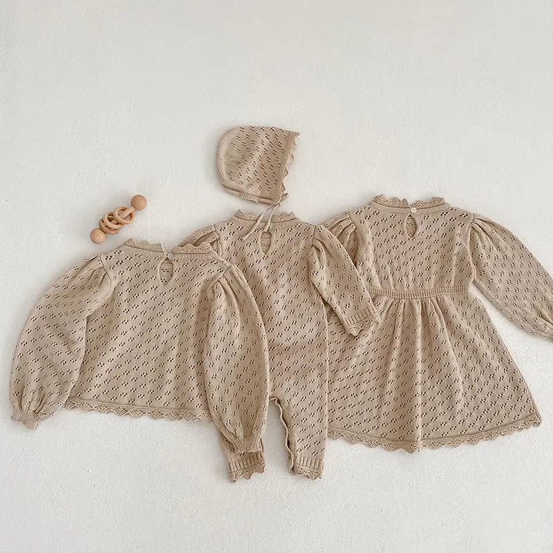 Newborn Baby Girls Long Sleeve Lace Sister Suit Knit Rompers Dress Tops Infant Jumpsuit Kids Baby Girls Rompers Clothes
