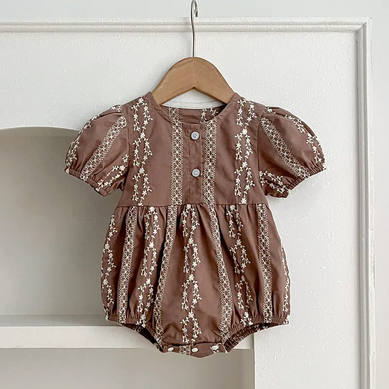 Summer Toddler Girls Bodysuits Girls Baby Pearl Button Embroidered Princess Jumpsuit Short Sleeved Thin Style Newborn Clothes