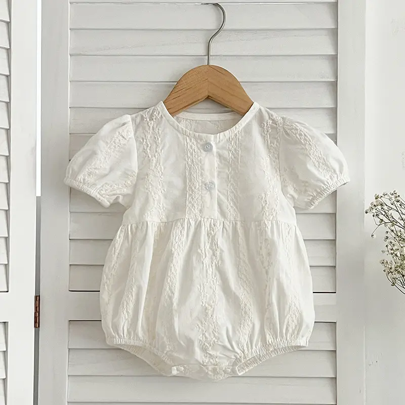 Summer Toddler Girls Bodysuits Girls Baby Pearl Button Embroidered Princess Jumpsuit Short Sleeved Thin Style Newborn Clothes