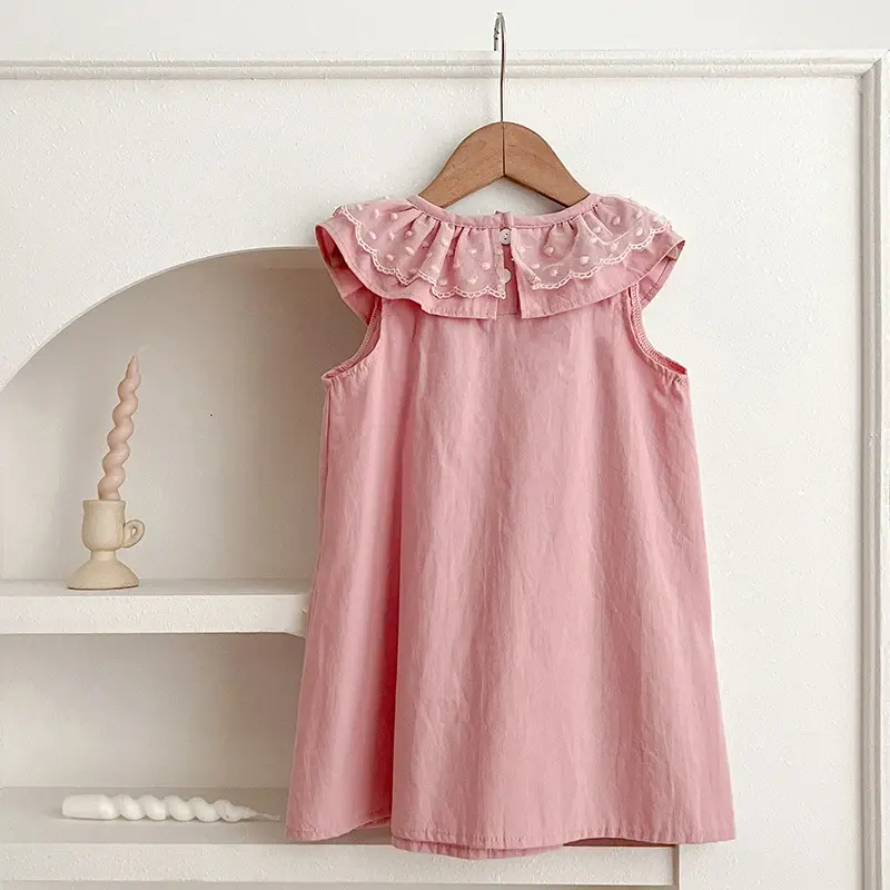 1-7Yrs Summer Children Dress Girl Sleeveless Dress Children Clothing Ruffled Lace Collar Hem Cotton Vest Pink Princess Dress