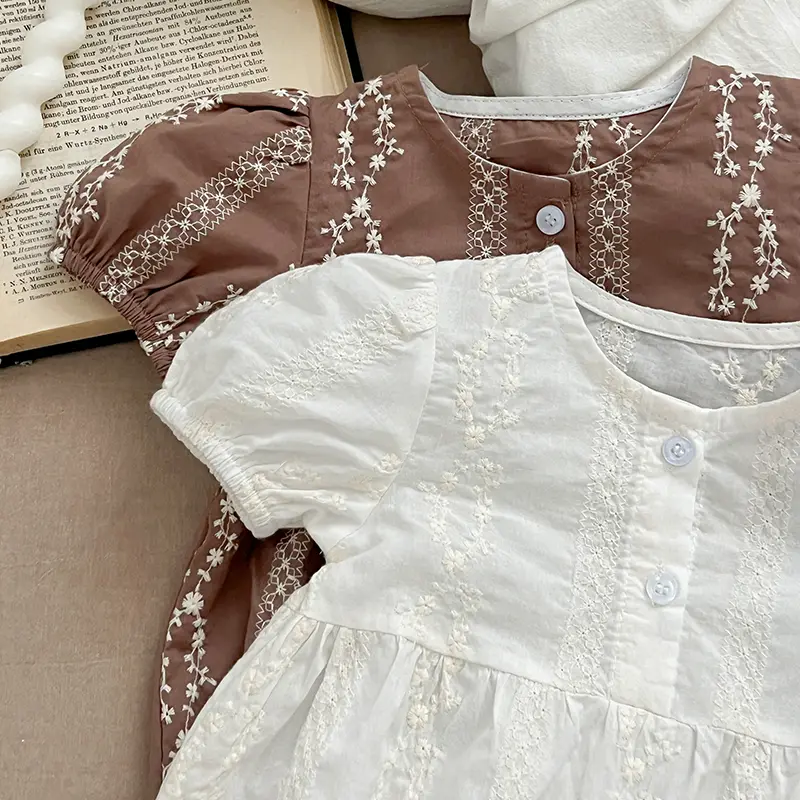 Summer Toddler Girls Bodysuits Girls Baby Pearl Button Embroidered Princess Jumpsuit Short Sleeved Thin Style Newborn Clothes