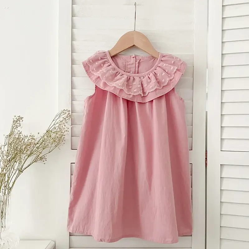 1-7Yrs Summer Children Dress Girl Sleeveless Dress Children Clothing Ruffled Lace Collar Hem Cotton Vest Pink Princess Dress