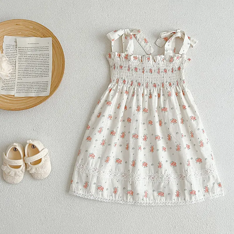 Summer Girl's Flower Dress Camisole Embroidered Plaid Waistband Lace Dress Fashionable Cute Baby Child Holiday Clothes Korean