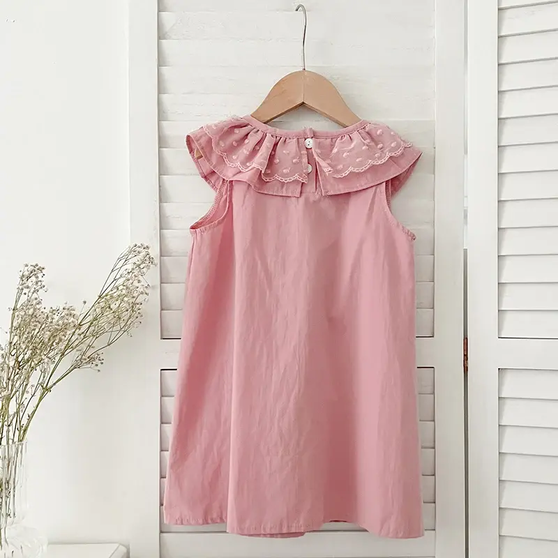 1-7Yrs Summer Children Dress Girl Sleeveless Dress Children Clothing Ruffled Lace Collar Hem Cotton Vest Pink Princess Dress