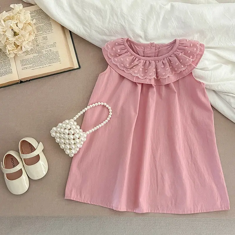 1-7Yrs Summer Children Dress Girl Sleeveless Dress Children Clothing Ruffled Lace Collar Hem Cotton Vest Pink Princess Dress