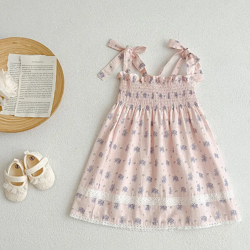 Summer Girl's Flower Dress Camisole Embroidered Plaid Waistband Lace Dress Fashionable Cute Baby Child Holiday Clothes Korean