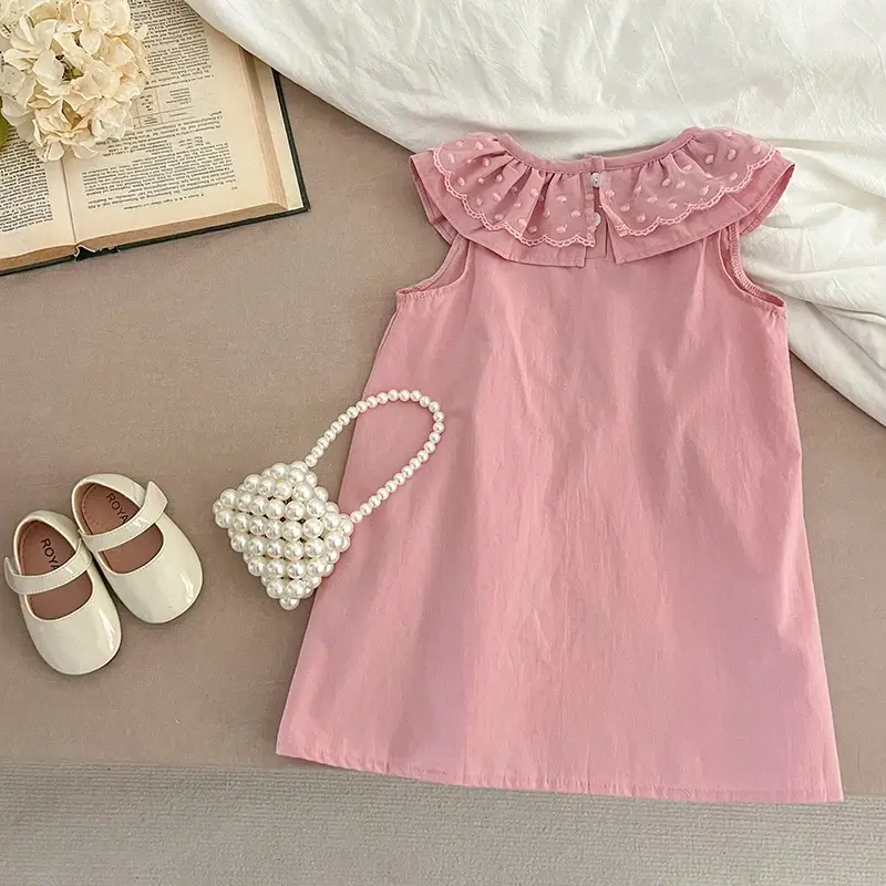 1-7Yrs Summer Children Dress Girl Sleeveless Dress Children Clothing Ruffled Lace Collar Hem Cotton Vest Pink Princess Dress