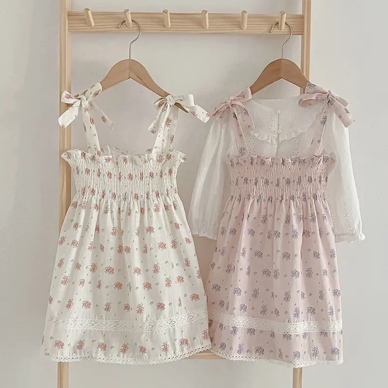 Summer Girl's Flower Dress Camisole Embroidered Plaid Waistband Lace Dress Fashionable Cute Baby Child Holiday Clothes Korean