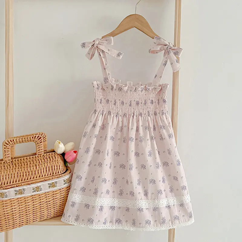 Summer Girl's Flower Dress Camisole Embroidered Plaid Waistband Lace Dress Fashionable Cute Baby Child Holiday Clothes Korean