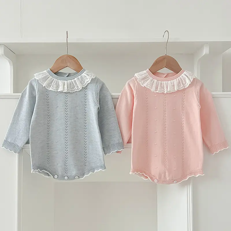 Infant Baby Girl Romper Knit Ruffle Newborn Hollow Out Long Sleeve Toddler Knit Jumpsuit Princess Lace Romper Spring Clothing