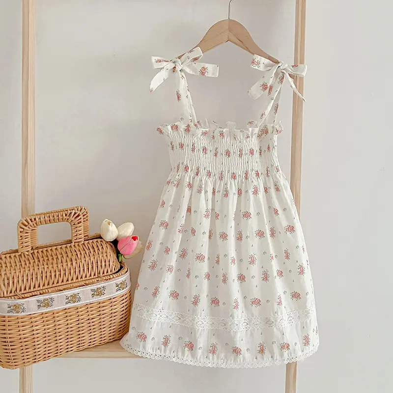 Summer Girl's Flower Dress Camisole Embroidered Plaid Waistband Lace Dress Fashionable Cute Baby Child Holiday Clothes Korean