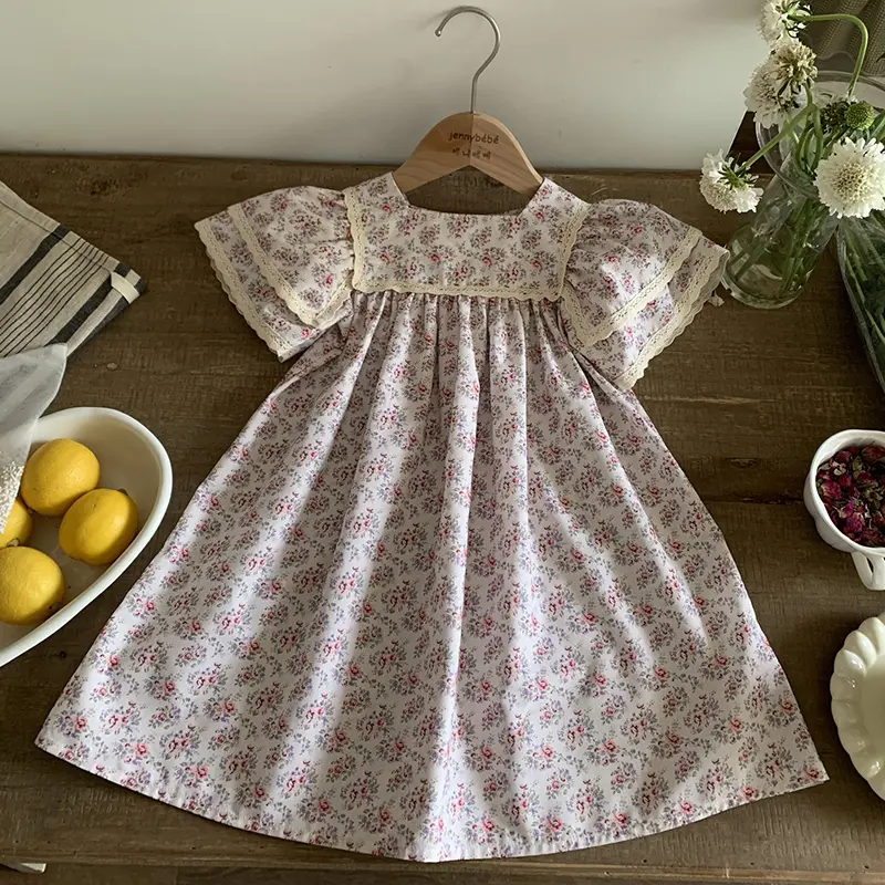 Kids Clothes Fashion Girl Dress Flower Embroidery Retro Lace Dress Cotton Princess Vestido Casual Round Neck Summer New Sweet