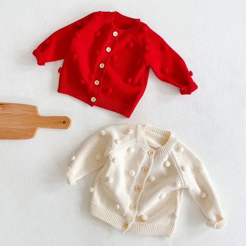 New Autumn Baby Girls Knitting Cardigan Coat Children Long Sleeved Handmade Ball Loose Sweater Cotton Coat Kids Knitted Cardigan